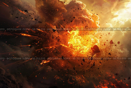 Meteor exploding creating fireball and debris in the sky. Стоковое AI-изображение, AI-художник Иван Рябоконь / Фотобанк Лори