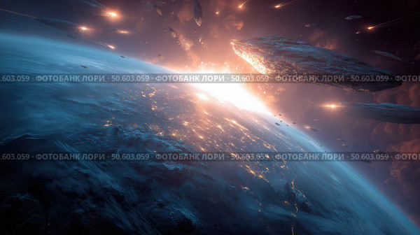 Meteor Shower Over Earth. Стоковое AI-изображение, AI-художник Кирилл Черезов / Фотобанк Лори