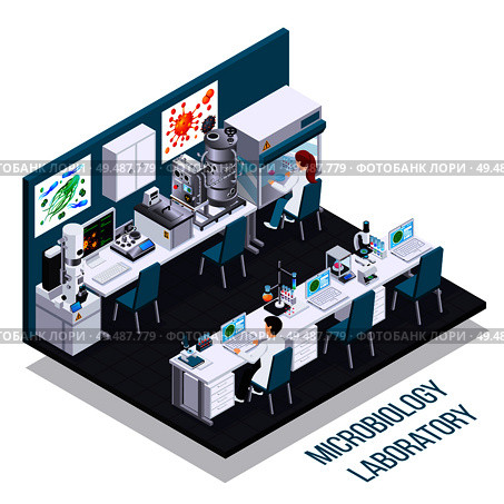 Microbiology laboratory isometric composition with bioreactor electron microscopy device for bacteria seeding and other science equipment vector illustration. Стоковая иллюстрация, агентство Ingram Publishing / Фотобанк Лори