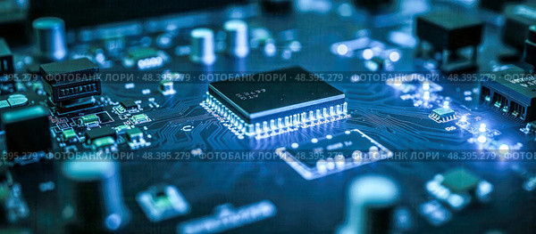 Microchip technology background with blue circuit board, digital pathways, electronic design, glowing elements, modern innovation, and high-tech integrated circuit. Стоковое фото, фотограф Павел Муравьев / Фотобанк Лори