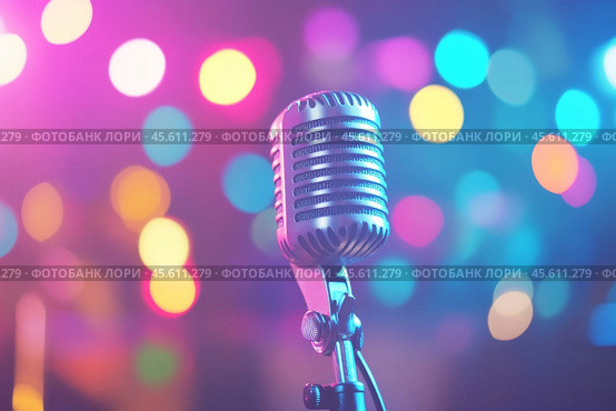 Microphone on the stage in concert hall or conference room. Close-up of a microphone in focus with a blurred pink purple bokeh background. Public speaking and live events concept. Neon light. Audience. Стоковое AI-изображение, AI-художник Марина Демидюк / Фотобанк Лори