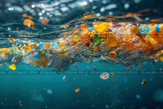Microplastic particles in sea water, plastic garbage, environmental pollution. Стоковое AI-изображение, AI-художник Евгений Харитонов / Фотобанк Лори