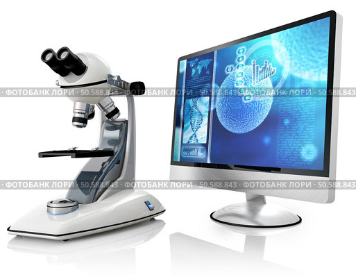 microscope and computer isolated on white background. biotechnology research. Стоковое фото, агентство Ingram Publishing / Фотобанк Лори