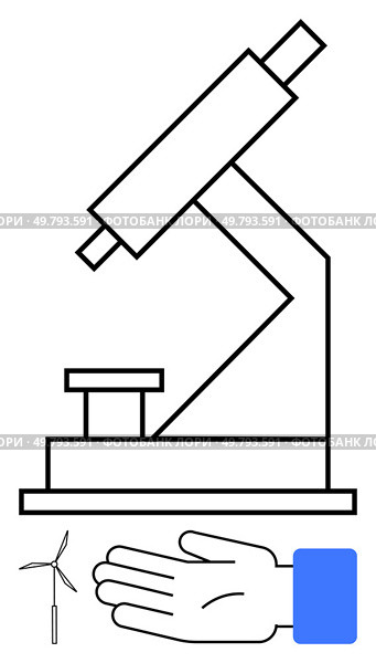 Microscope, human hand, and wind turbine symbols. Ideal for scientific research, environmental conservation, renewable energy, technological innovation, human interaction, microscopy studies. Modern Science and Environmental Exploration Wind Energy, Microscopy, and Human Connectivity. Стоковая иллюстрация, агентство Ingram Publishing / Фотобанк Лори
