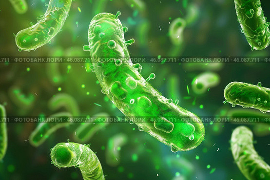 Microscopic view of bacteria spreading in body. Стоковое AI-изображение, AI-художник Иван Рябоконь / Фотобанк Лори