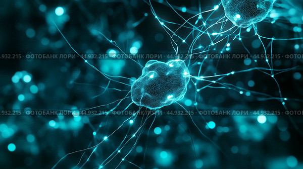 Microscopic view of neurons interacting in a vibrant blue network showcasing neural activity in a digital representation. Стоковое AI-изображение, AI-художник Сергей Толмачёв / Фотобанк Лори