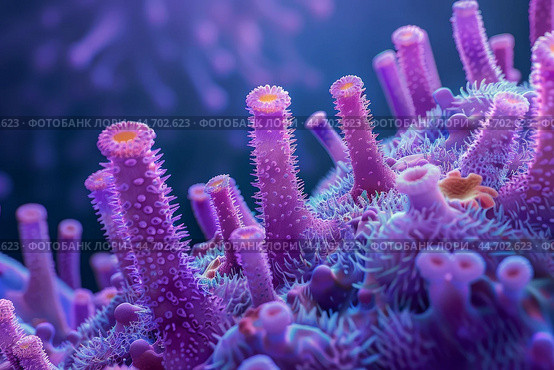Microscopic view of purple coral showing polyps growing on reef. Стоковое AI-изображение, AI-художник Иван Рябоконь / Фотобанк Лори