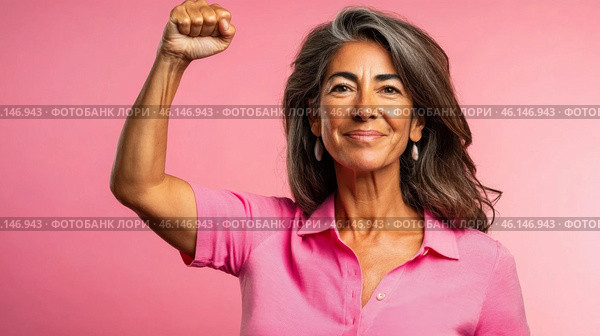Middle aged latin american woman with raised fist of empowerment, strength and women solidarity, International Womens Day concept. Стоковое AI-изображение, AI-художник Анастасия Золотницкая / Фотобанк Лори