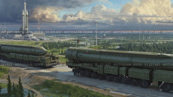 Military convoy moving massive intercontinental ballistic missile on specialized launcher across wooded terrain, rocket silhouetted against distant skyline during transportation. Стоковое AI-видео, аниматор Юрий Поздников / Фотобанк Лори