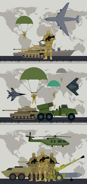 Military Infographic Banner with World Map. Vector. Military infographic banners with world map on background. Military soldier or officer with weapons. Airborne and infantry troops. War and ammunition concept. Men in camouflage combat uniform. Vector. Стоковая иллюстрация, агентство Ingram Publishing / Фотобанк Лори