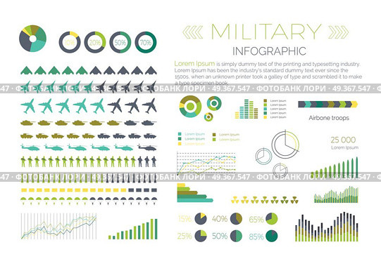 Military infographic elements set. Aircraft, tanks, helicopters, missile, soldier, paratrooper isolated vector silhouettes. Armament symbols, armed forces icons, various colored diagrams and data. Military Infographic Vector Elements Set. Military Infographic Vector Elements Set. Стоковая иллюстрация, агентство Ingram Publishing / Фотобанк Лори