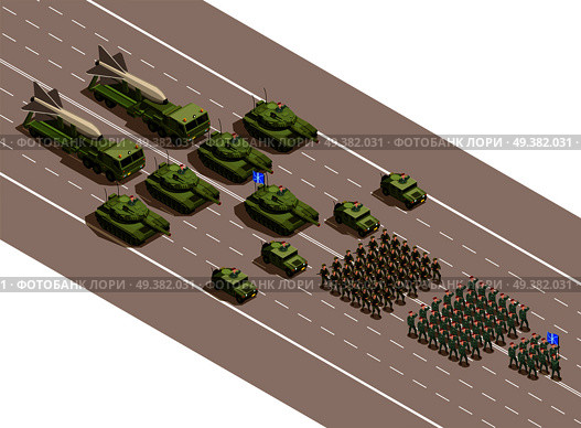 Military parade isometric composition with regiments and army technique blocks of armored vehicles and ballistic missiles vector illustration  . Military Parade Isometric Composition . Стоковая иллюстрация, агентство Ingram Publishing / Фотобанк Лори