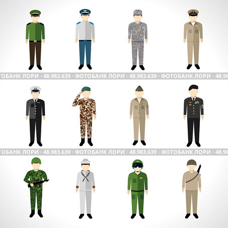 Military soldier in uniform avatar character set isolated vector illustration. Стоковая иллюстрация, агентство Ingram Publishing / Фотобанк Лори