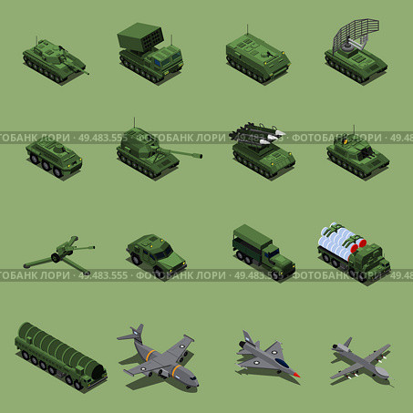 Military vehicles isometric set with tank cannon, rocket launcher jet fighter self propelled howitzer isolated icons vector illustration. Стоковая иллюстрация, агентство Ingram Publishing / Фотобанк Лори