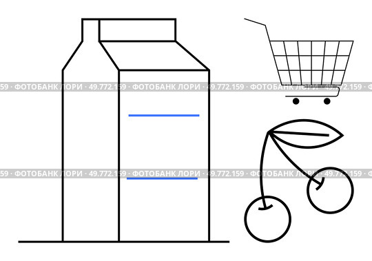 Milk carton shopping cart and cherries in simple line art. Ideal for grocery shopping healthy eating food and beverage supermarket and minimalist designs. Clean lines practical uses simplicity. Grocery Shopping Essentials with Milk Carton Shopping Cart and Cherries in Minimalist Style. Стоковая иллюстрация, агентство Ingram Publishing / Фотобанк Лори