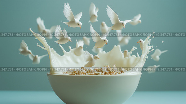 Milk splashes with cereal as white birds take flight in artistic presentation. Молоко разбрызгивается хлопьями, а белые птицы взлетают в художественной презентации. Стоковое AI-изображение, AI-художник Katsiaryna Repich / Фотобанк Лори