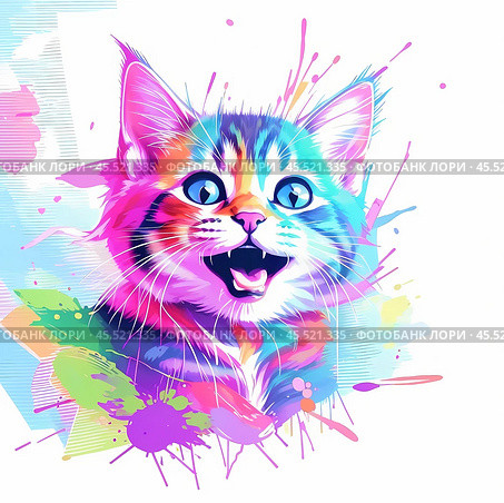 Милый забавный счастливый мяукающий котенок. Стоковое AI-изображение, AI-художник Татьяна Костенко / Фотобанк Лори