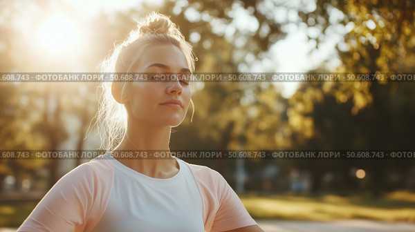 Mindfulness practice during a serene sunset in a park. Стоковое AI-изображение, AI-художник Сергей Толмачёв / Фотобанк Лори