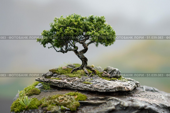 Miniature tree growing on a rock formation symbolizing resilience and adaptability. Стоковое AI-изображение, AI-художник Иван Рябоконь / Фотобанк Лори
