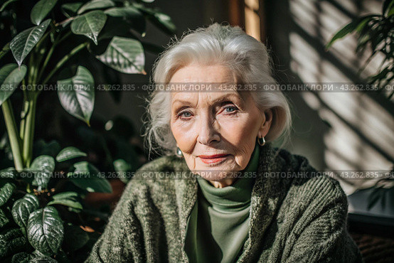 Minimalism. A studio portrait of a stylish, elegant elderly woman, a pensioner of 70 years old, in an interior and clothes of calm tones. The concept of the elderly. Стоковое AI-изображение, AI-художник Photojuli / Фотобанк Лори