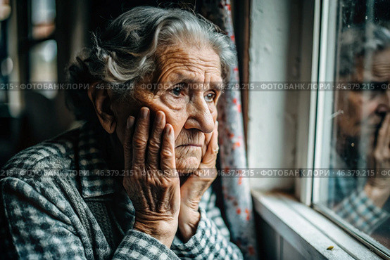 Minimalism. Portrait of an old elderly woman, a pensioner, a concept of the life of the elderly, health, loneliness and memory loss. Стоковое AI-изображение, AI-художник Photojuli / Фотобанк Лори