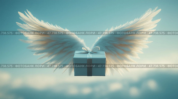 Minimalist gift box with delicate white wings floating in a serene sky. Минималистичная подарочная коробка с нежными белыми крыльями, парит в безмятежном небе. Стоковое AI-изображение, AI-художник Katsiaryna Repich / Фотобанк Лори