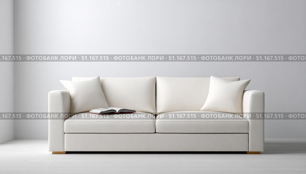 Minimalist living room featuring plush white sofa, cozy throw pillows, open book lying casually, embodying serene relaxation and quiet comfort. Стоковое AI-изображение, AI-художник Юрий Поздников / Фотобанк Лори