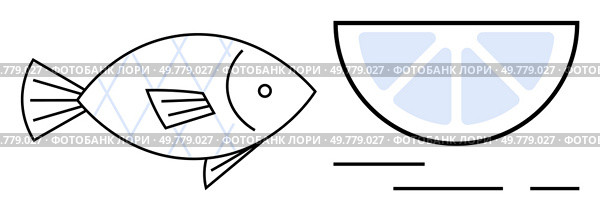 Minimalist vector fish and lemon slice emphasizing simplicity and health benefits. Ideal for culinary themes, seafood restaurants, nutrition guides, recipe blogs, diet apps, educational materials. Simplified fish graphic alongside a lemon slice, representing fresh cuisine and healthy eating. Стоковая иллюстрация, агентство Ingram Publishing / Фотобанк Лори
