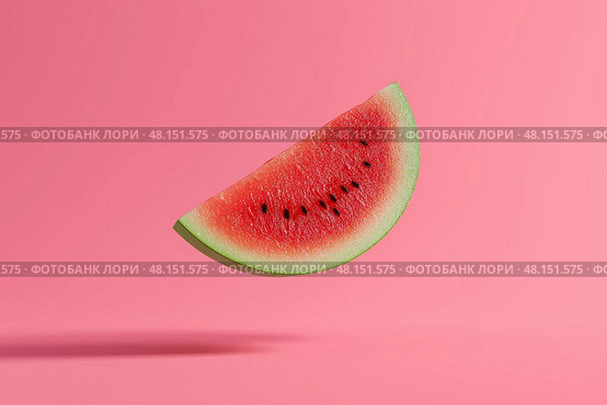 Minimalist Watermelon Slice on Pink Background, Fresh and Vibrant Summer Aesthetic. Минималистская арбузная долька на розовом фоне, свежая и яркая летняя эстетика. Стоковое AI-изображение, AI-художник Katsiaryna Repich / Фотобанк Лори
