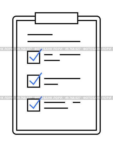 Minimalistic clipboard with three checkmarked lines, black outlines, and blue highlights. Ideal for progress tracking, to-do lists, task management, business planning, and goal setting.. Checklist on Clipboard with Three Blue Checkmarks in a Linear Design. Стоковая иллюстрация, агентство Ingram Publishing / Фотобанк Лори