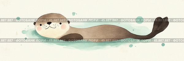 минималистичная акварельная выдра, плавающая в спокойных водах: очаровательная иллюстрация природы для декора и подарков. Стоковое AI-изображение, AI-художник ФотоИнтеллект / Фотобанк Лори