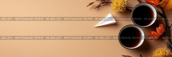 Минималистская плоская планировка с чаем и цветами для китайского праздника двойной девятки. Стоковое AI-изображение, AI-художник ФотоИнтеллект / Фотобанк Лори