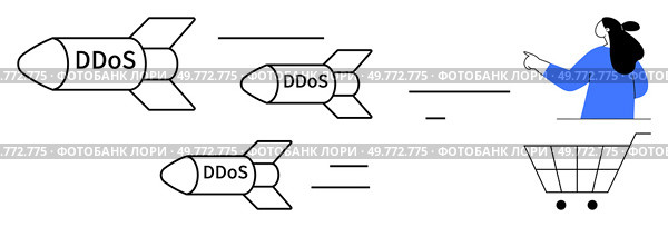 Missiles labeled DDoS targeting a woman in a shopping cart. Ideal for cybersecurity, online shopping, DDoS attacks, e-commerce protection, and internet security. Simple vector style. Protecting E-commerce from DDoS Attacks Safeguarding Online Shopping. Стоковая иллюстрация, агентство Ingram Publishing / Фотобанк Лори