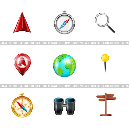 Mobile gps navigation and travel realistic icons set with geolocation routing mapping symbols isolated vector illustration. Стоковая иллюстрация, агентство Ingram Publishing / Фотобанк Лори
