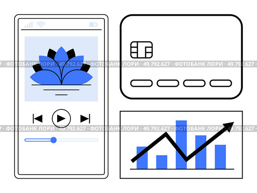 Mobile music player interface, credit card, and upward bar graph. Ideal for finance, technology, mobile apps, online banking, digital payments data analytics and business growth. Line metaphor. Mobile Music Player, Credit Card, and Increasing Bar Graph Set Reflecting Modern Tech and Finance Growth. Стоковая иллюстрация, агентство Ingram Publishing / Фотобанк Лори