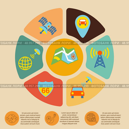 Mobile navigation geolocation routing mapping infographics set with pie chart vector illustration. Стоковая иллюстрация, агентство Ingram Publishing / Фотобанк Лори