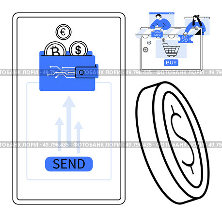 Mobile phone interface sending Bitcoin, Euro, and Dollar using digital wallet. Shopping basket with goods, payment process, credit card, cashback, percentage cloud. Ideal for e-commerce digital. Mobile Wallet Sending Money with Digital Currency Symbols and Online Shopping Concept. Стоковая иллюстрация, агентство Ingram Publishing / Фотобанк Лори