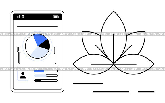 Mobile phone screen displaying a nutritional data pie chart and user profile information next to a simple leaf icon. Ideal for health apps, diet tracking, fitness, self-care, wellness, digital health. Mobile App Dashboard with Nutritional Data Charts and Wellness Leaf Symbol. Стоковая иллюстрация, агентство Ingram Publishing / Фотобанк Лори