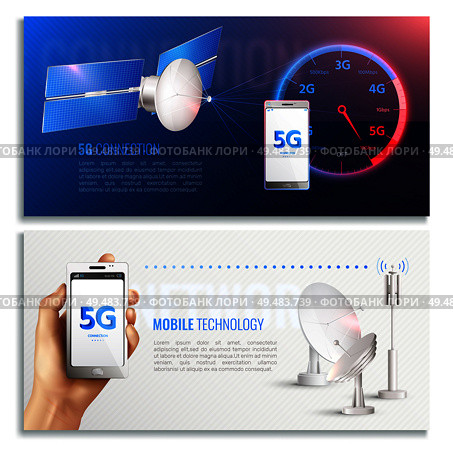 Mobile technology horizontal banners with realistic icons illustrated broadband internet connection of 5g standard vector illustration. Стоковая иллюстрация, агентство Ingram Publishing / Фотобанк Лори