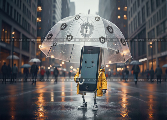 Мобильный телефон под защитой.  Цифровая безопасность, защита от вирусов. Стоковое AI-изображение, AI-художник Елена Ардвеньева / Фотобанк Лори