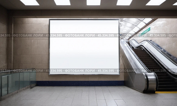 Mockup of advertising space in metro station, clean white billboard for marketing messages, pedestrian underpass with moving escalator, city environment for public advertisement. Стоковое AI-изображение, AI-художник Павел Муравьев / Фотобанк Лори