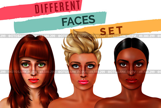 Model faces of pretty women with different haircuts and complexion on white background realistic vector illustration. Model Face Set. Стоковая иллюстрация, агентство Ingram Publishing / Фотобанк Лори