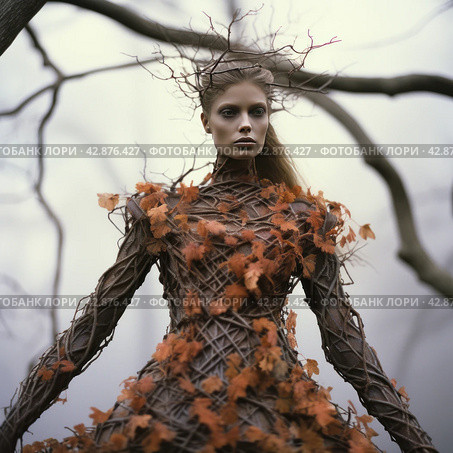 Model in an extravagant outfit that creates the effect of merging with nature. She is wearing a dress decorated with autumn leaves of different shades, which seem to grow out of the clothes and are woven into the model’s hair. Her hairstyle creates a wild effect; branches and leaves seem to be an extension of her hair. Стоковое AI-изображение, AI-художник Анна Кривицкая / Фотобанк Лори