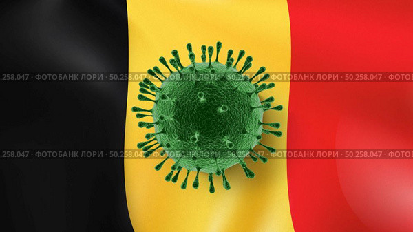 Model of Coronavirus bacteria on a background of Belgian flag. Rapid spread of Coronavirus, Covid 19 in the world. Global calamity. Quarantine concept.. Coronavirus Model on the background of Belgian flag. Стоковое фото, агентство Ingram Publishing / Фотобанк Лори