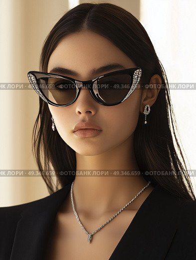 Model poses elegantly in stylish sunglasses and sleek outfit indoors. Модель элегантно позирует в стильных солнцезащитных очках и элегантном наряде в помещении. Стоковое AI-изображение, AI-художник Katsiaryna Repich / Фотобанк Лори