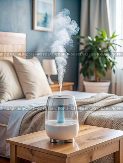 Modern Air Humidifier on Nightstand in Bedroom. Generative AI. Стоковое AI-изображение, AI-художник Roman Zavorotny / Фотобанк Лори