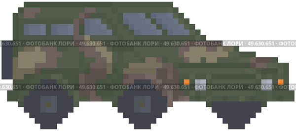 Modern army truck for pixel game design. layout. Military technics object, force heavy equipment, armored corps machinery vector illustration. Combat camouflage transport isolated on white background. Modern army truck for pixel game design. layout. Military technics object, force heavy equipment. Стоковая иллюстрация, агентство Ingram Publishing / Фотобанк Лори
