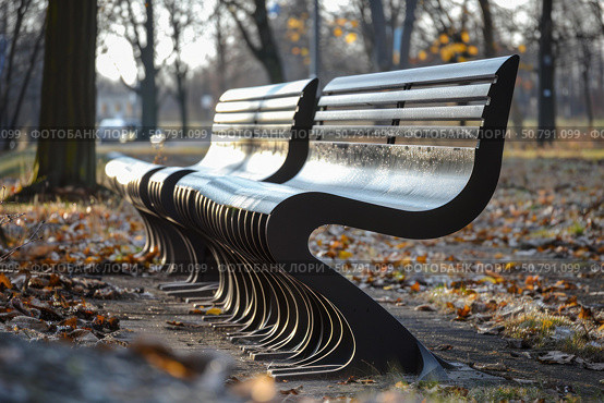 Modern benches standing in city park during autumn season. Стоковое AI-изображение, AI-художник Иван Рябоконь / Фотобанк Лори