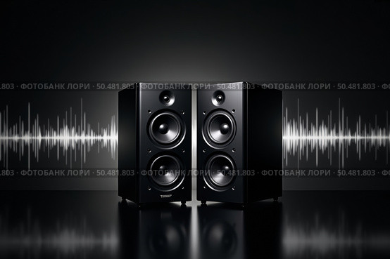 Modern black speakers with sound wave background. Стоковое AI-изображение, AI-художник Андрей Бакусов / Фотобанк Лори