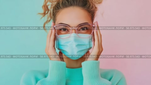 Modern depiction of a young female in spectacles and a face covering, showcasing personal safety against a lively dual-tone backdrop. Стоковое AI-видео, аниматор Данила Большаков / Фотобанк Лори